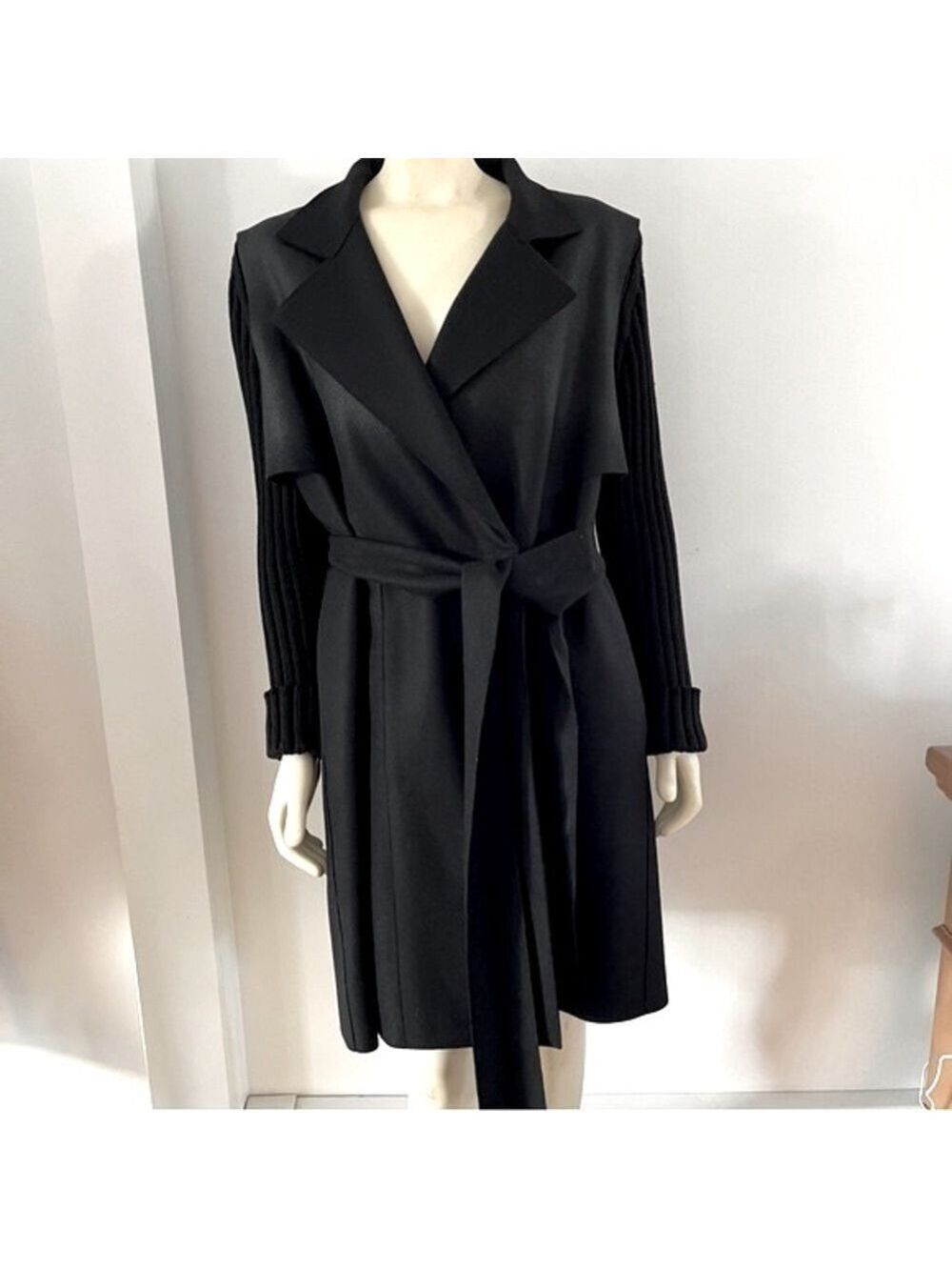 Pier Antonio Gaspari Women’s Long Wool Ribbed Knit Arms Tie Waist Trench Coat 14